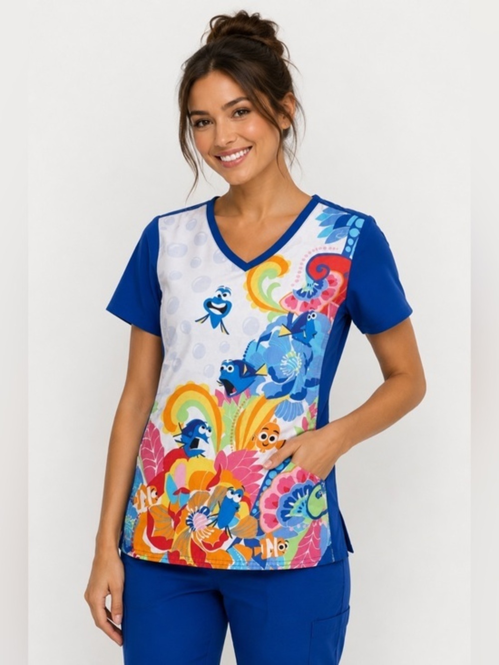Cherokee Tooniforms Disney Finding Dory Scrub Top XS Pediatric Nurse Pixar